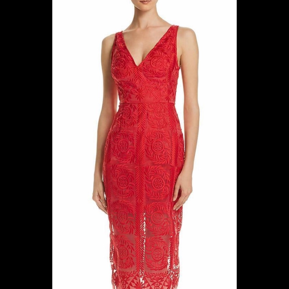 Red Embroidered Lace Midi Dress Date/ Holiday